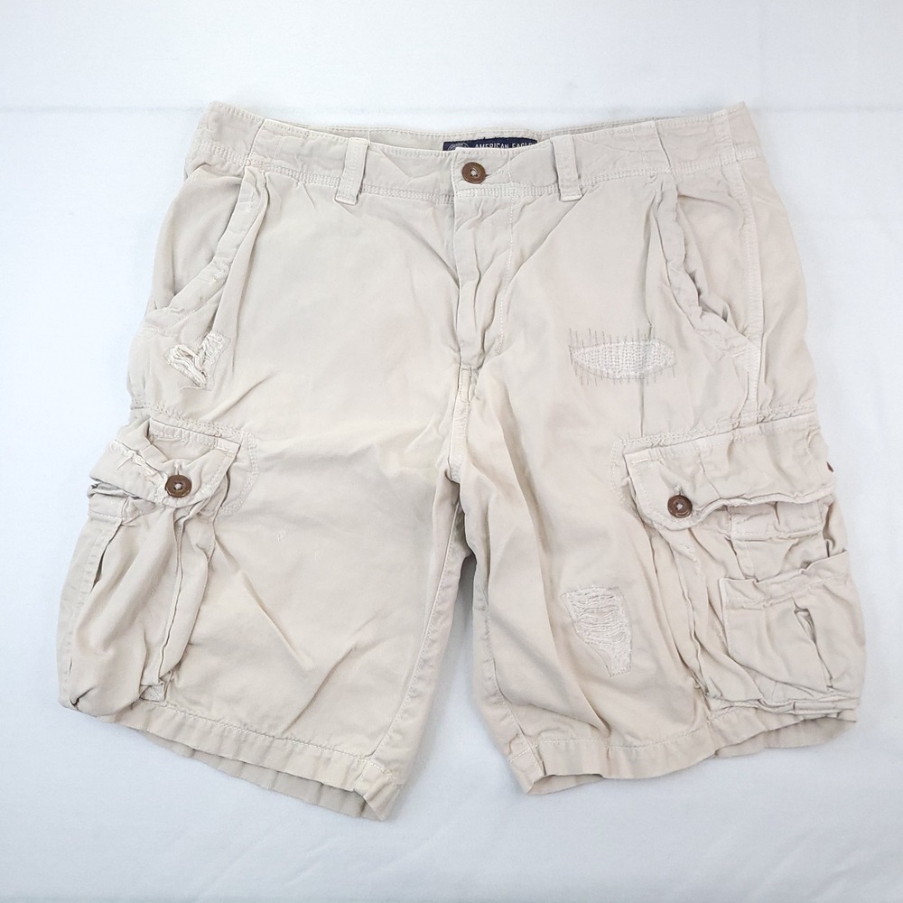 Vintage Y2K American Eagle Cargo Shorts Mens 34x10 Beige Khaki Distressed Baggy